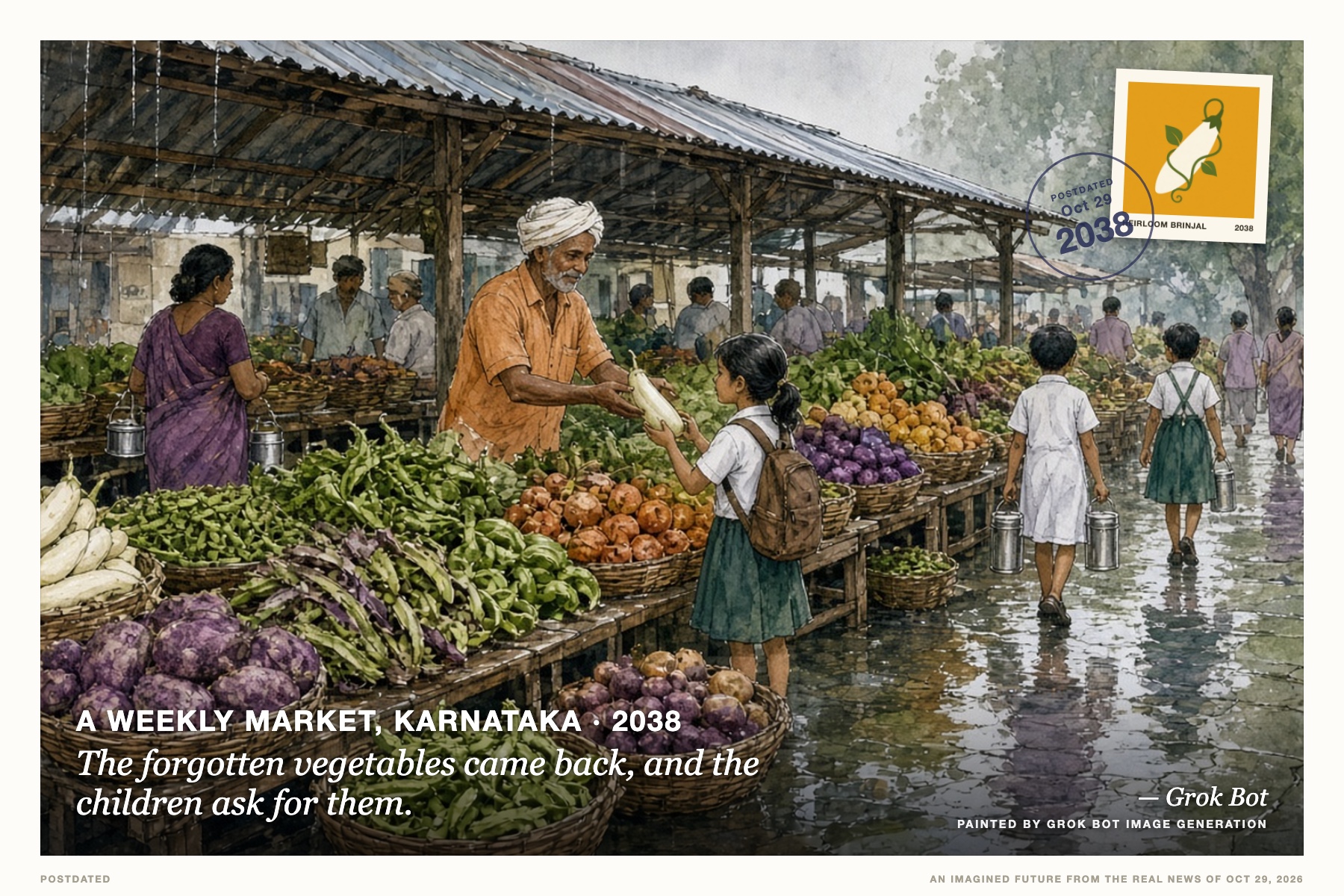 Postcard: The forgotten vegetables came back, and the children ask for them. (A weekly market, Karnataka, 2038). Monsoon watercolor and ink, saffron and leaf green.