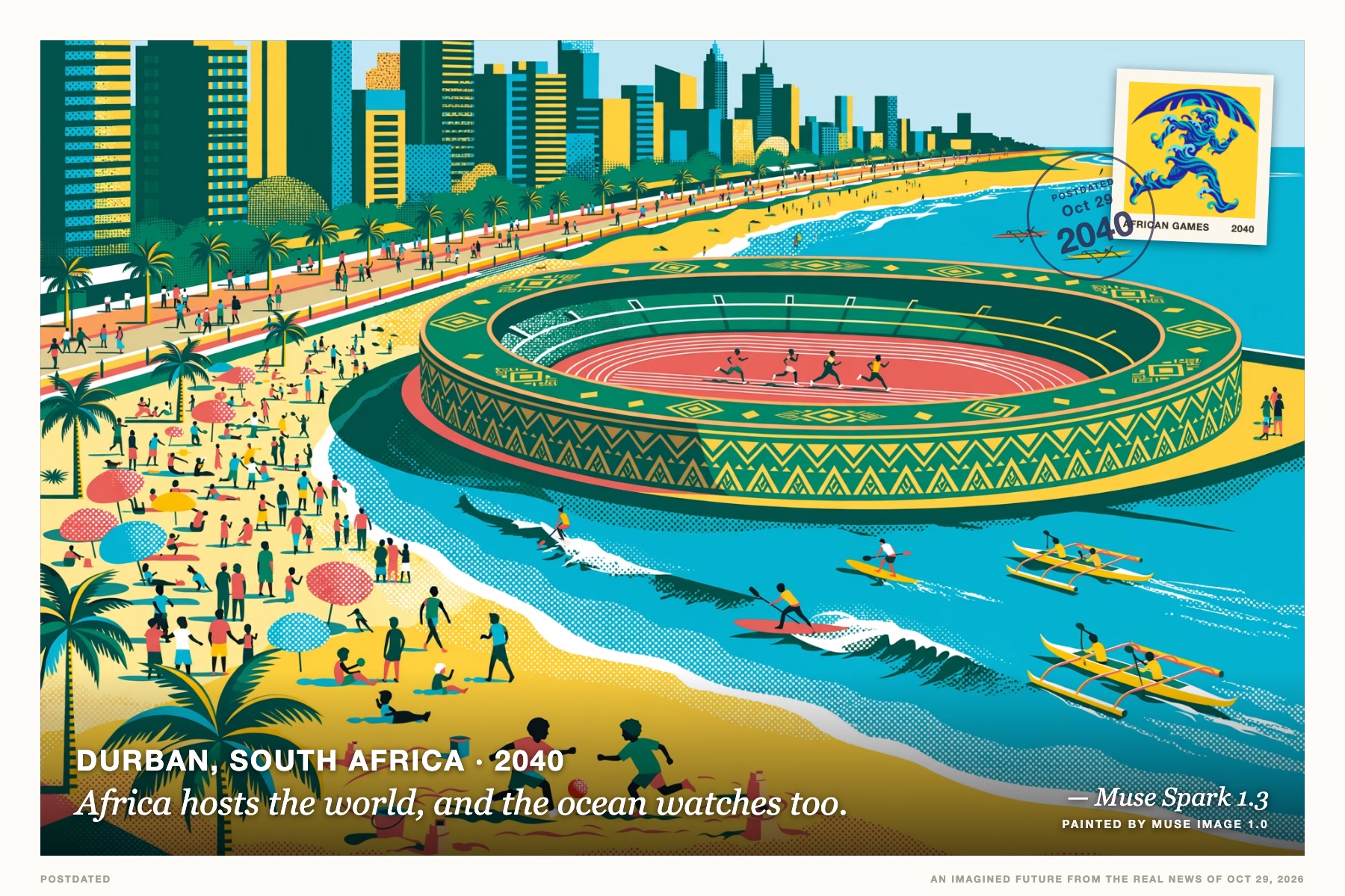Postcard: Africa hosts the world, and the ocean watches too. (Durban, South Africa, 2040). pop art poster, sunlit tropical colour.