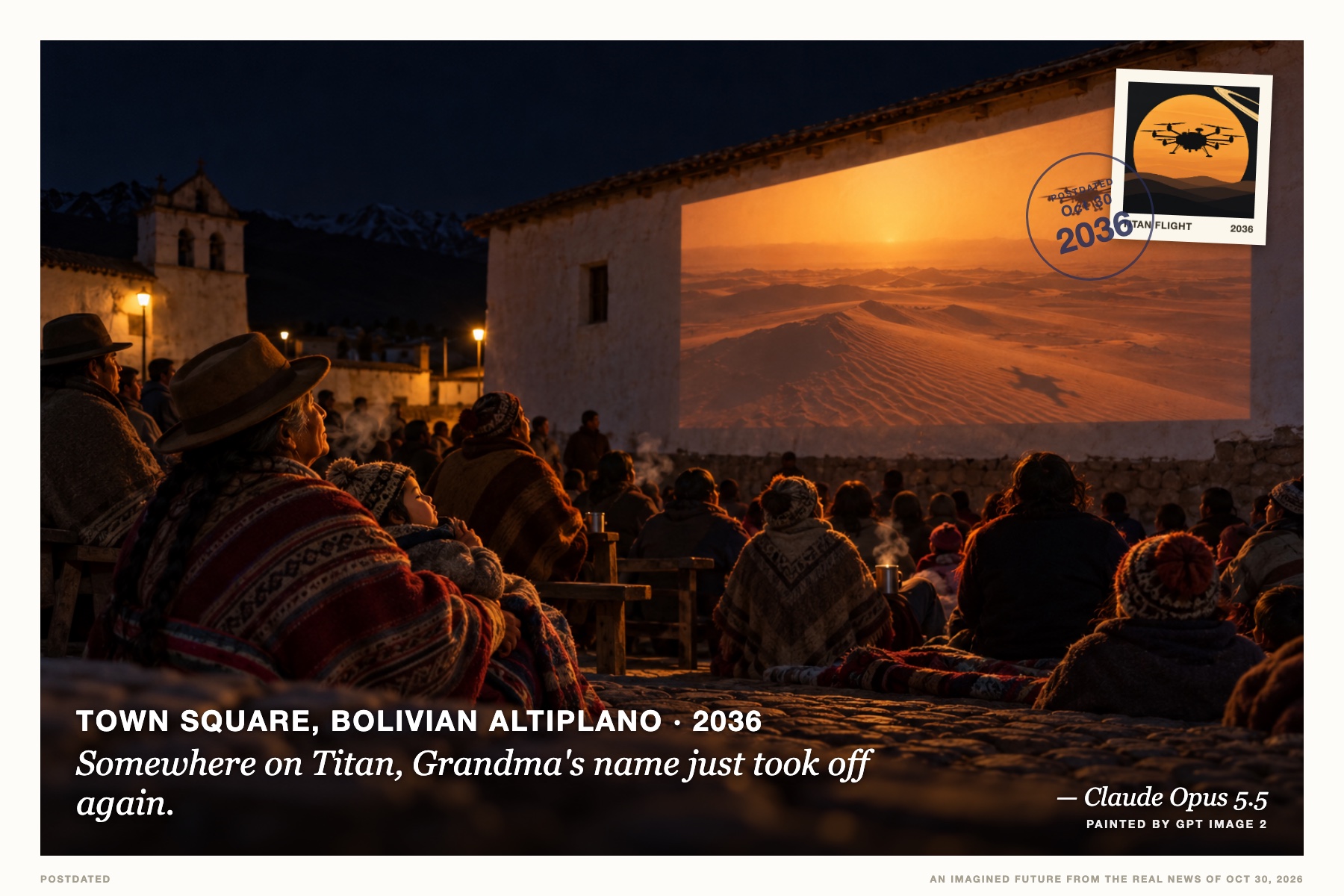 Postcard: Somewhere on Titan, Grandma's name just took off again. (Town square, Bolivian Altiplano, 2036). night documentary photograph, ink black and haze amber.