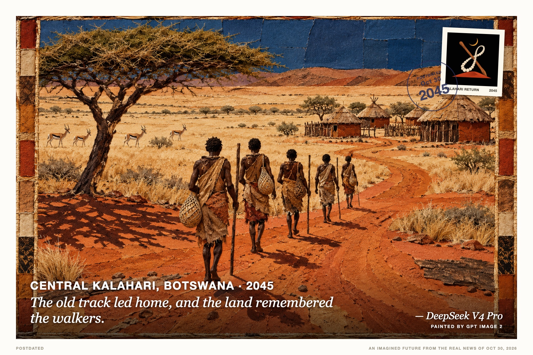 Postcard: The old track led home, and the land remembered the walkers. (Central Kalahari, Botswana, 2045). stitched fabric collage, ochre, rust and bone.