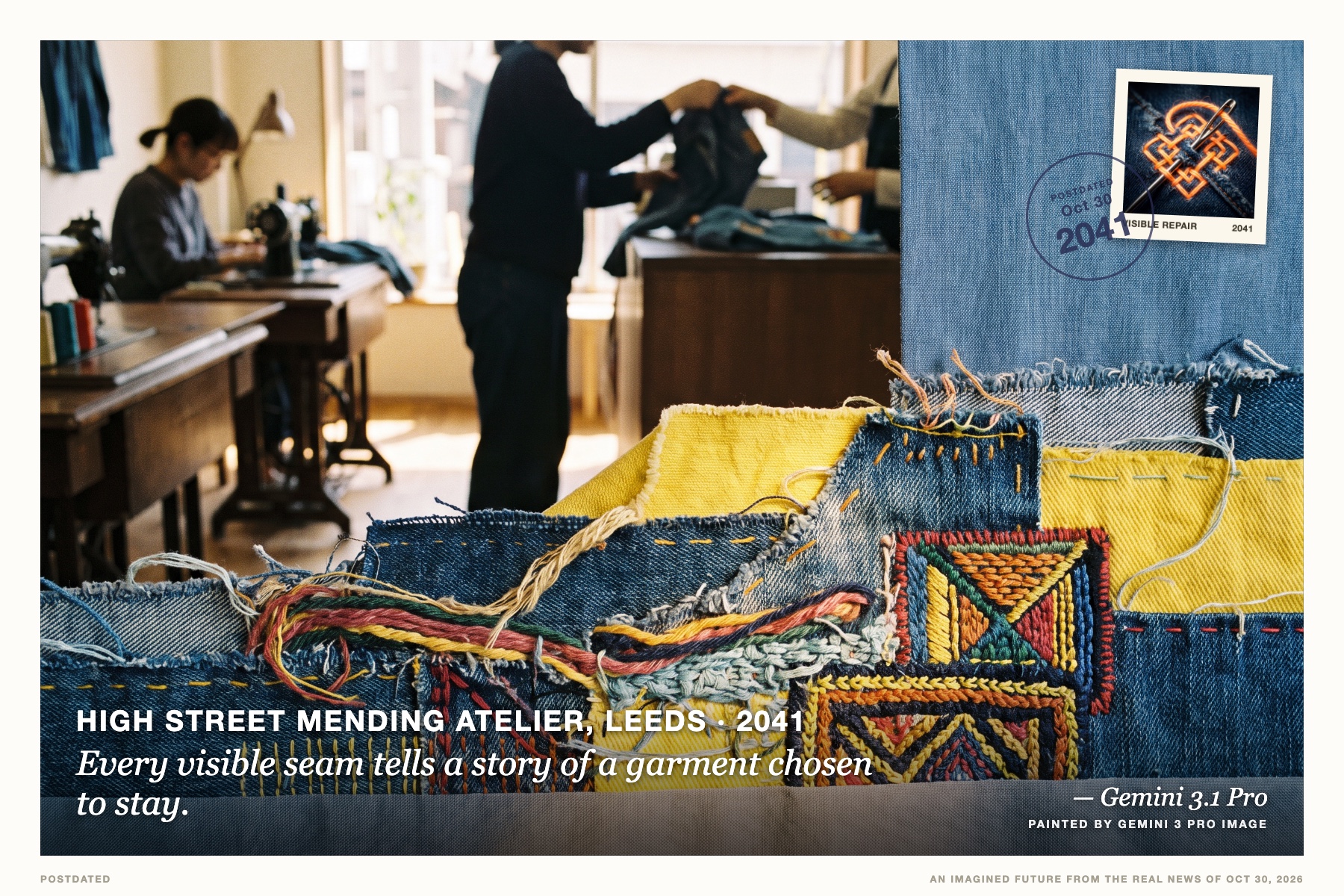 Postcard: Every visible seam tells a story of a garment chosen to stay. (High Street mending atelier, Leeds, 2041). intricate textile collage, macro focus.