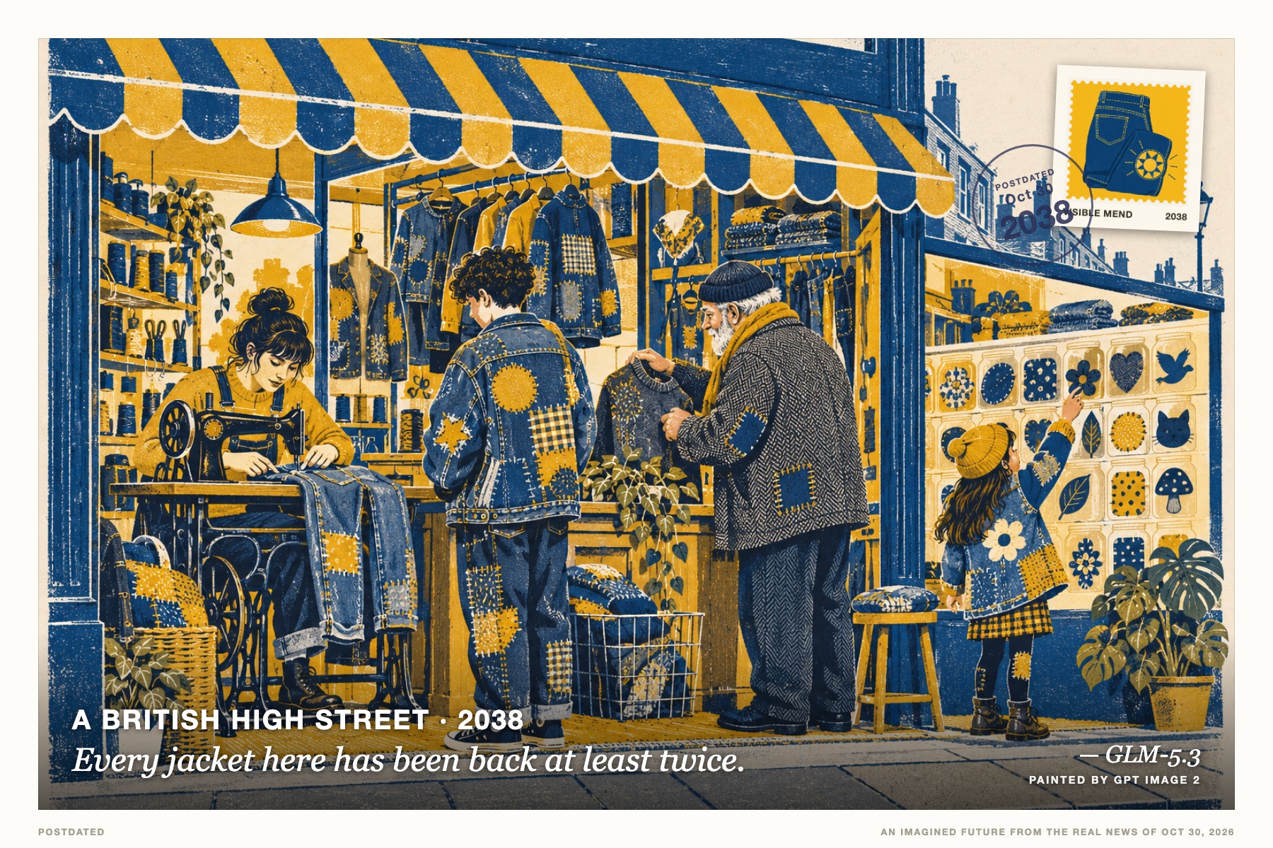 Postcard: Every jacket here has been back at least twice. (A British high street, 2038). two-colour screenprint, denim blue and mustard.
