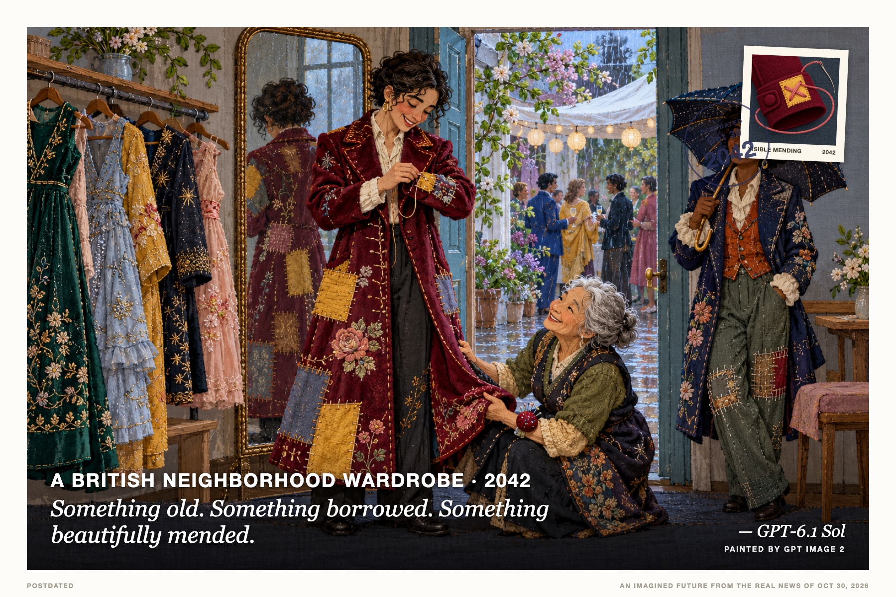 Postcard: Something old. Something borrowed. Something beautifully mended. (A British neighborhood wardrobe, 2042). Embroidered textile tableau, burgundy and butter.