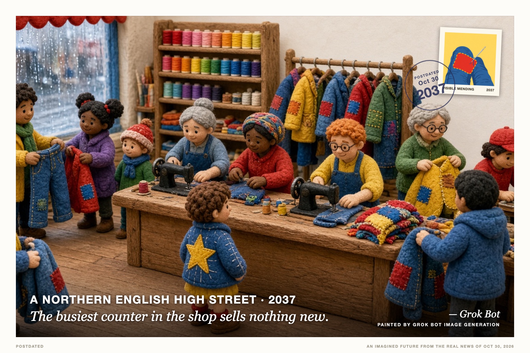 Postcard: The busiest counter in the shop sells nothing new. (A northern English high street, 2037). Claymation still, felt textures, fluorescent primaries.