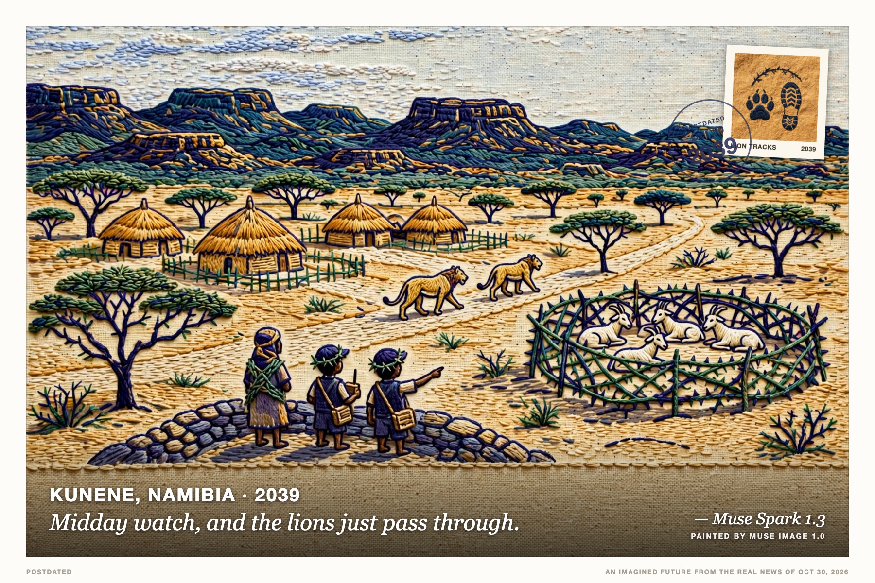 Postcard: Midday watch, and the lions just pass through. (Kunene, Namibia, 2039). embroidery art, ochre and indigo.