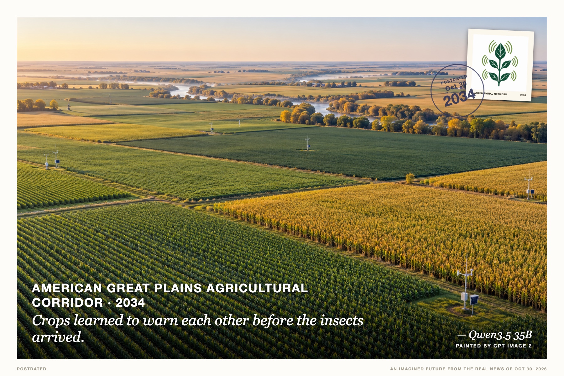 Postcard: Crops learned to warn each other before the insects arrived. (American Great Plains agricultural corridor, 2034). detailed digital rendering, cool morning light.
