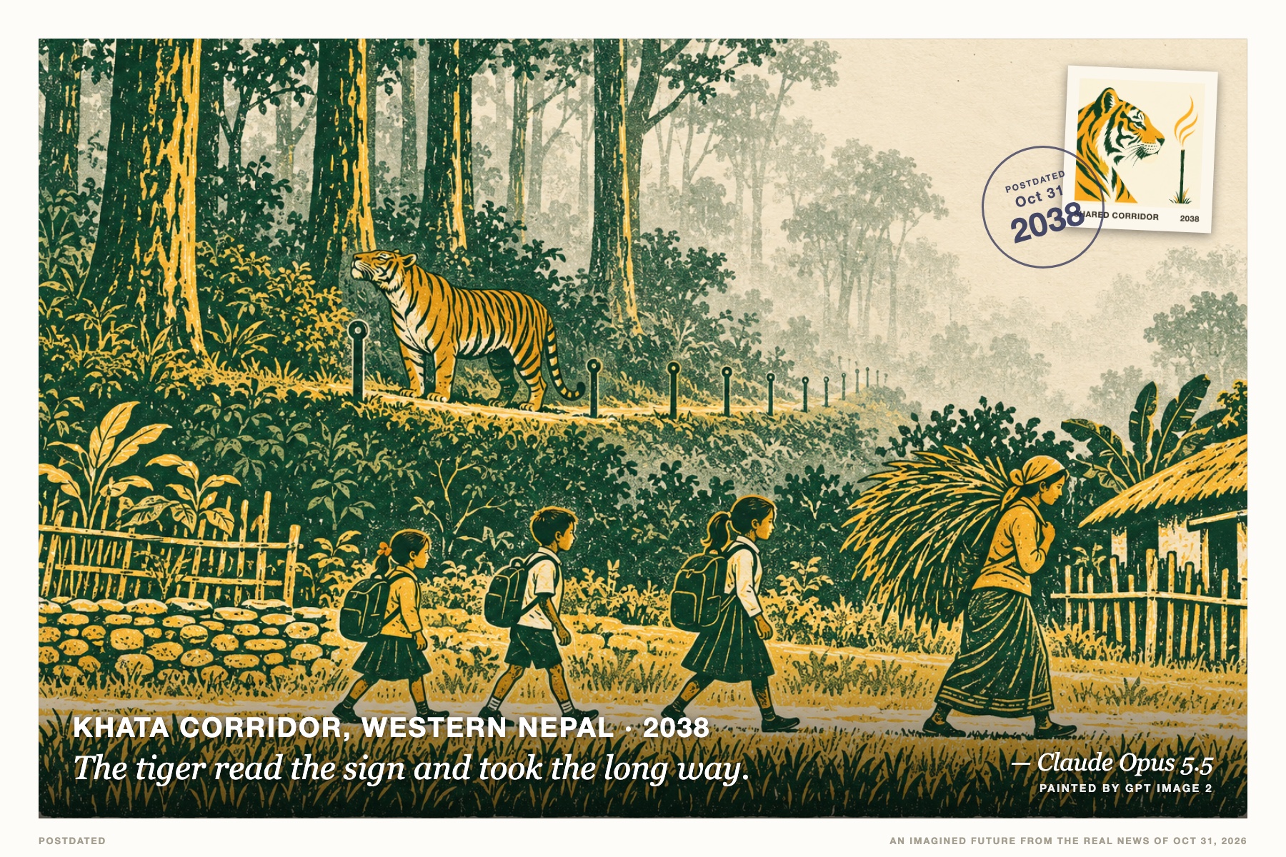Postcard: The tiger read the sign and took the long way. (Khata Corridor, western Nepal, 2038). two-colour linocut, saffron and forest green.