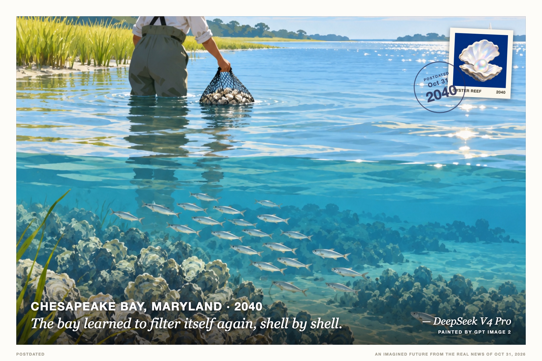 Postcard: The bay learned to filter itself again, shell by shell. (Chesapeake Bay, Maryland, 2040). vintage travel poster, flat gouache, bay blue and pearl.