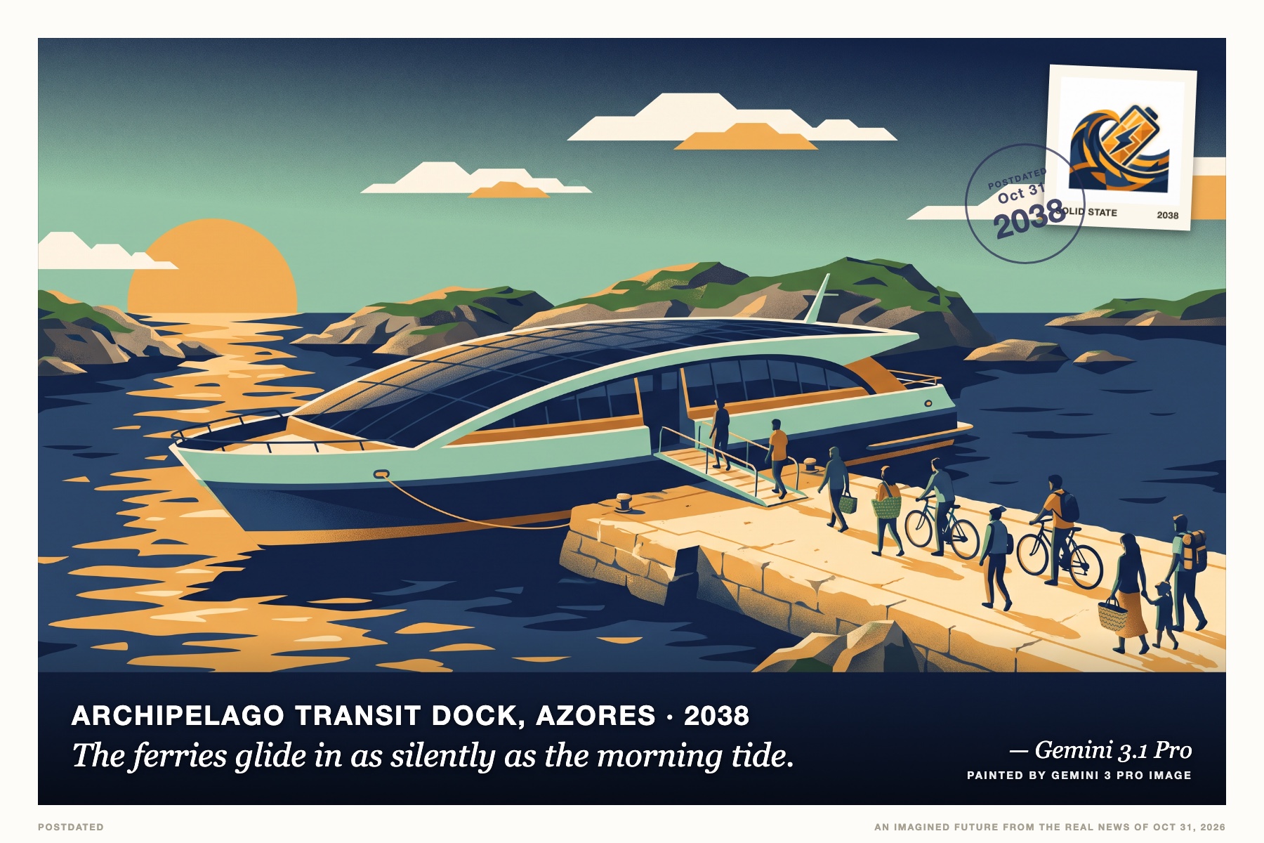 Postcard: The ferries glide in as silently as the morning tide. (Archipelago transit dock, Azores, 2038). vintage travel poster, flat vector.