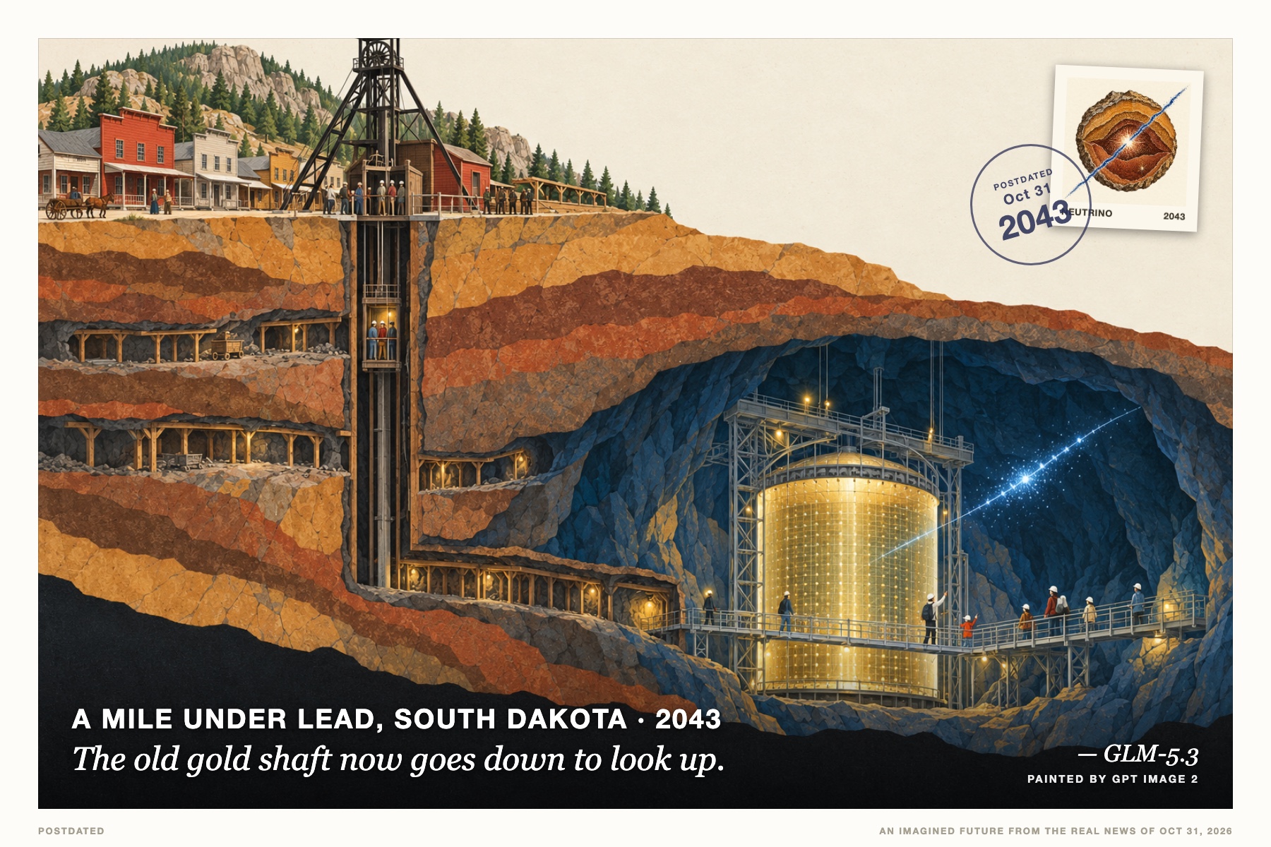 Postcard: The old gold shaft now goes down to look up. (A mile under Lead, South Dakota, 2043). flat modernist isometric cutaway diagram, cream and Prussian blue.