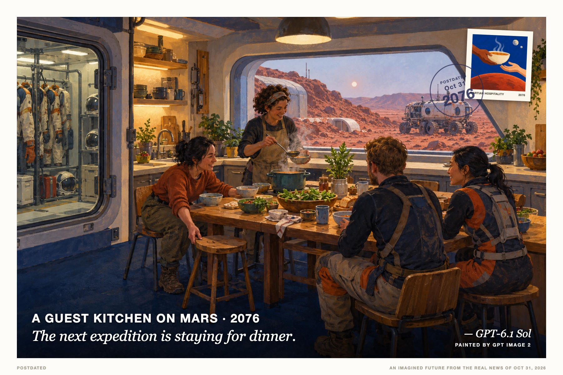 Postcard: The next expedition is staying for dinner. (A guest kitchen on Mars, 2076). Gouache cutaway, brick red and ultramarine.