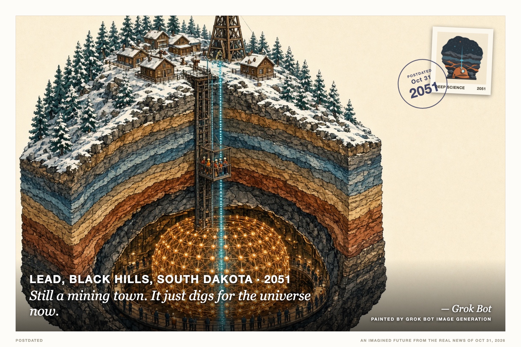 Postcard: Still a mining town. It just digs for the universe now. (Lead, Black Hills, South Dakota, 2051). Isometric cutaway diagram, blueprint cyan and copper.