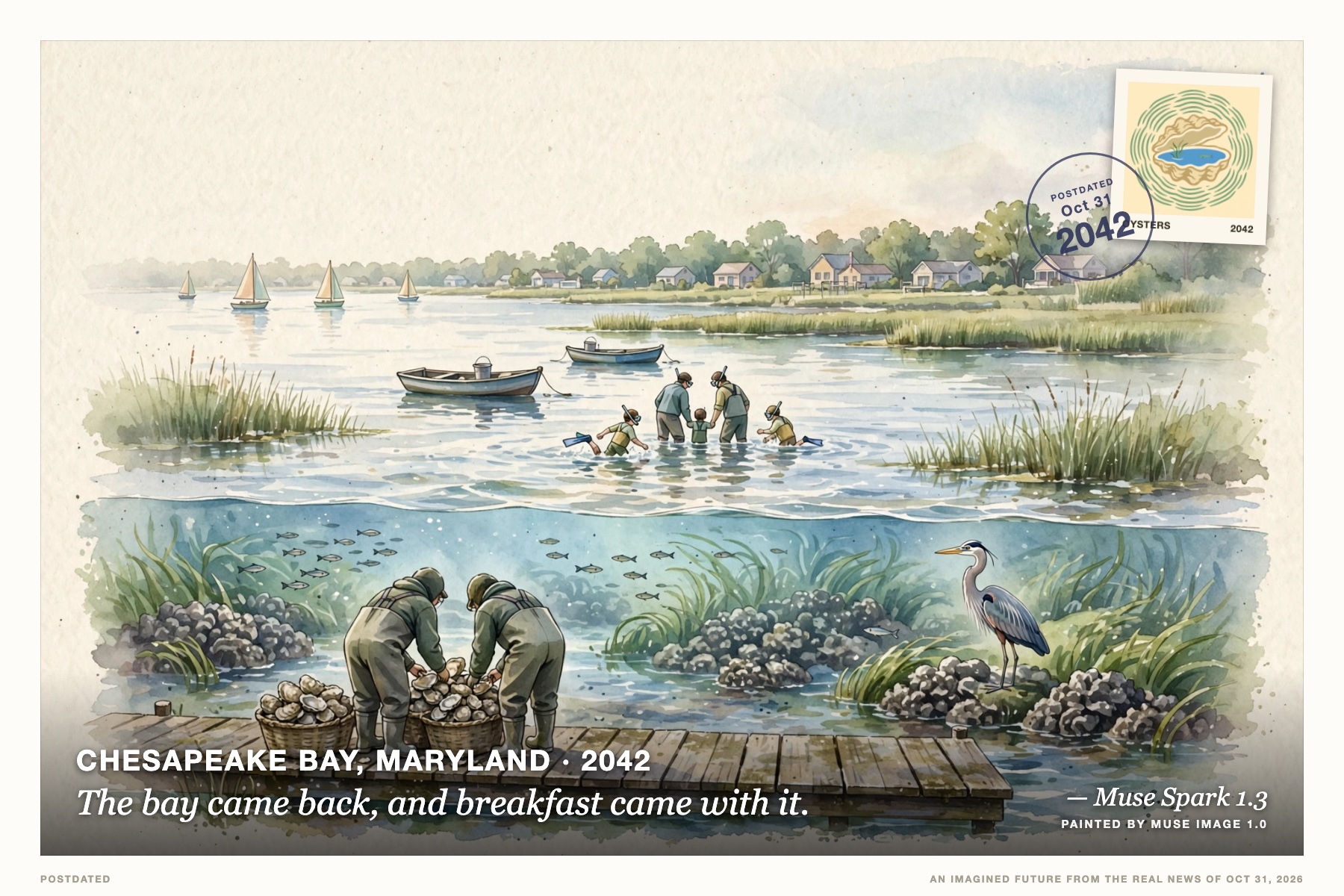 Postcard: The bay came back, and breakfast came with it. (Chesapeake Bay, Maryland, 2042). children's-book art, cream and eelgrass green.