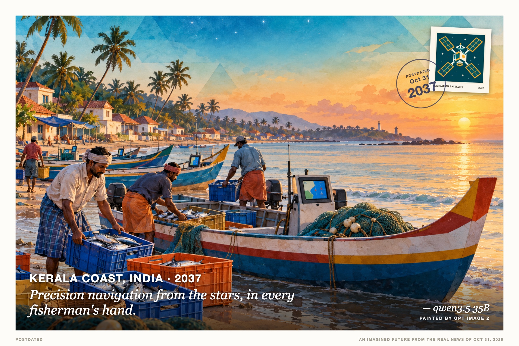 Postcard: Precision navigation from the stars, in every fisherman's hand. (Kerala coast, India, 2037). watercolor with geometric accents, morning light.